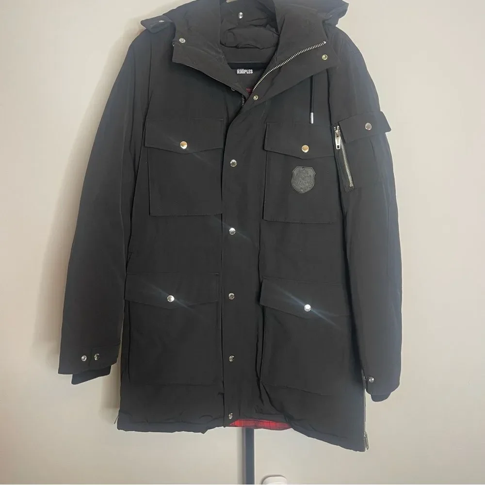 $985 The Kooples The Kooples Logo-Patch Hooded Woven Parka - Black MEN’S Medium